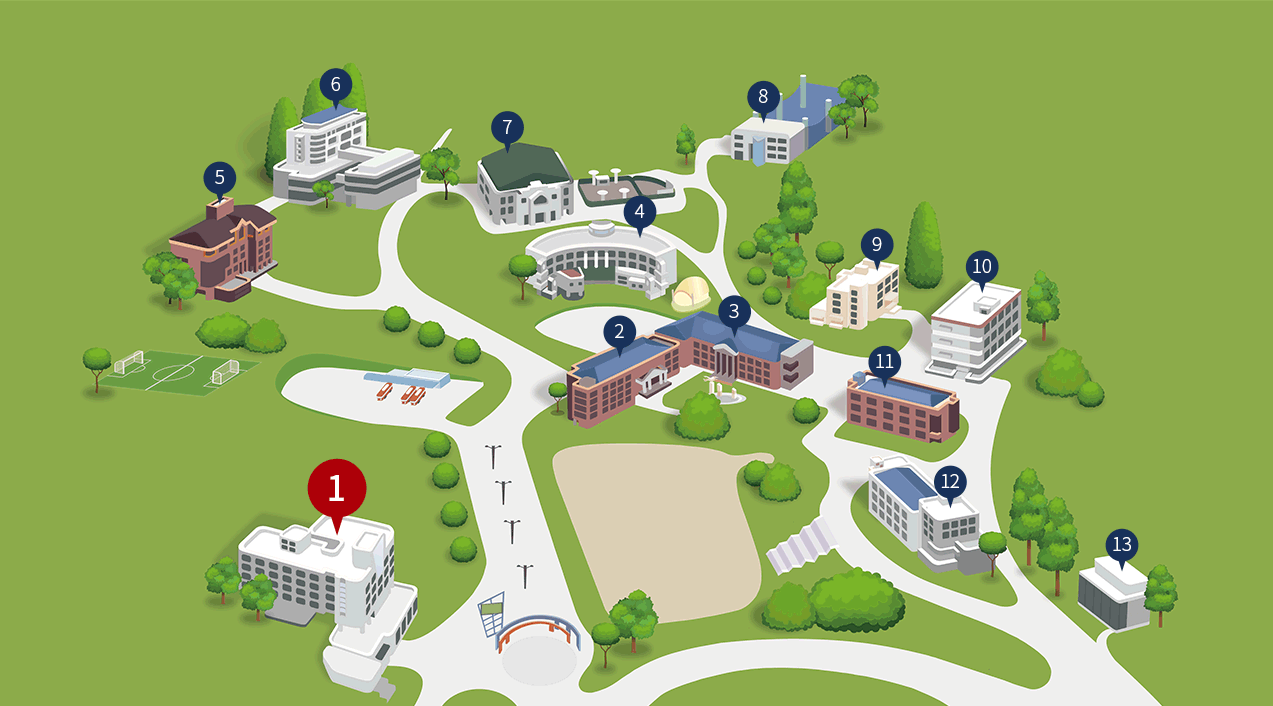 충청캠퍼스 각 건물의 위치를 그린 이미지입니다. 입구는 하단 왼쪽이며 첫번째 1.경영관(학생생활관)R2 가 있습니다.
	이미지의 10시 방향에 5.경복관C4가 있고 그 오른쪽에 6.건원관C5, 7.범농관 GM이 있습니다. 범농관GM 바로 아래에 4.청강관 W1이 있고, 
	이미지의 1시 방향에 8.골프교육장 GF가 있고, 이미지의 정중앙에 2.성지관C3,  그 오른쪽에 3.송백관C1이 맞다아 있습니다. 
	이미지의 3시 방향에 순서대로 9.영신관 R1, 그 아래쪽에 10.산학협력관 IA, 11.웅재관 C2이 있고, 
	이미지의 4시 방향에 12.정금관 MB가 있고 그 오른쪽 아래에 13.충남향토지원센터가 있습니다.	