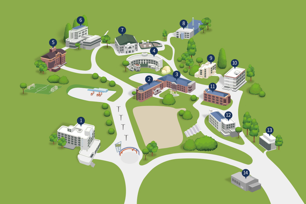 충청캠퍼스 각 건물의 위치를 그린 이미지입니다. 입구는 하단 왼쪽이며 첫번째 1.경영관(학생생활관)R2 가 있습니다.
	이미지의 10시 방향에 5.경복관C4가 있고 그 오른쪽에 6.건원관C5, 7.범농관 GM이 있습니다. 범농관GM 바로 아래에 4.청강관 W1이 있고, 
	이미지의 1시 방향에 8.골프교육장 GF가 있고, 이미지의 정중앙에 2.성지관C3,  그 오른쪽에 3.송백관C1이 맞다아 있습니다. 
	이미지의 3시 방향에 순서대로 9.영신관 R1, 그 아래쪽에 10.산학협력관 IA, 11.웅재관 C2이 있고, 
	이미지의 4시 방향에 12.정금관 MB가 있고 그 오른쪽 아래에 13.충남향토지원센터가 있고, 왼쪽 아래에 14.생명관 AL이 있습니다.