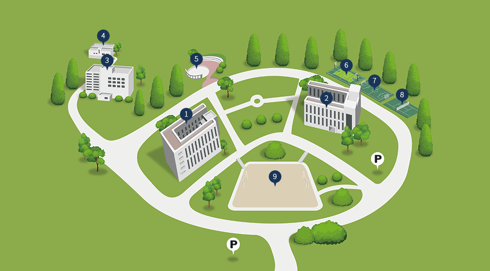 창의캠퍼스(고양) 각 건물의 위치를 그린 이미지입니다. 입구는 하단 가운데이며, 입구 정면에 9.운동장이 있습니다. 
	운동장을 기준으로 왼쪽 위쪽에 1.세종관C6이 있고, 오른측 위쪽에 2.인농관 C7이 있습니다. 
	1.세종관C6을 기준으로 왼쪽 위쪽에 3.수경재(학생생활관)R4 와 4.실습동PB이 있고, 오른쪽 위쪽에 5.야외부대(가즈랑집)이 있습니다.
	2.인농관C7을 기준으로 오늘쪽 위쪽에 6.농구장, 7.풋살장, 8.족구장이 있습니다.	 