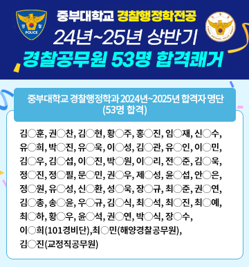 중부대학교 경찰행정학전공 22년~23년 상반기 경찰공무원 합격쾌거, 중부대학교 경찰행정학과 2022년~2023년 합격자 명단 (추가인원 7명제외)